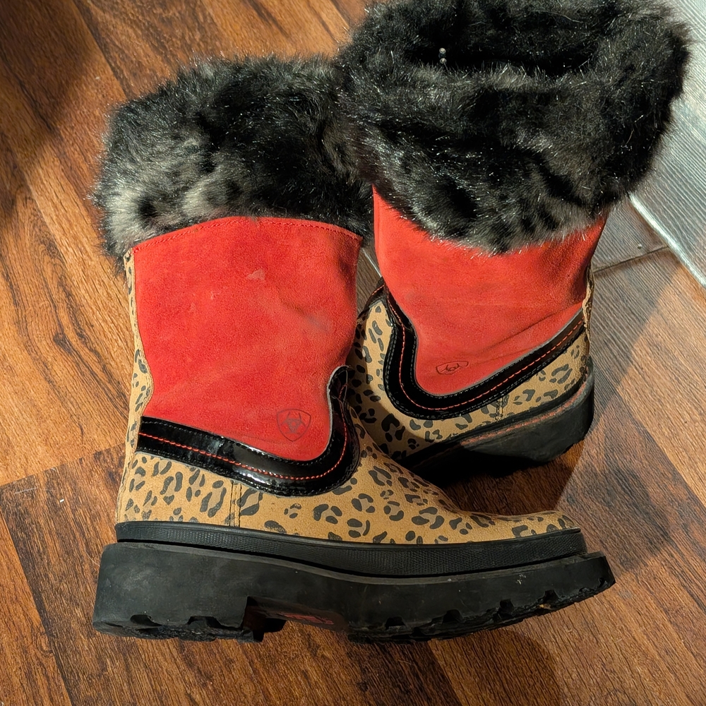 Women's Red and Leopard Print Fur Boots